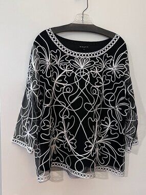 Layered dress-up top with white embroidery on sheer black XL